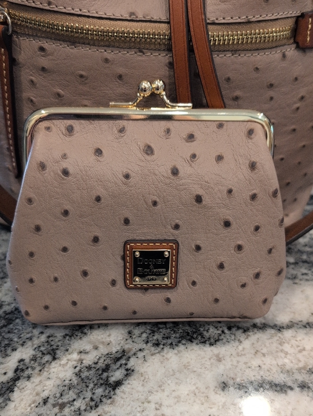 Dooney & Bourke Lt Taupe Ostrich Embossed Drawstring Bag w/Kisslock Wallet - Picture 9 of 9